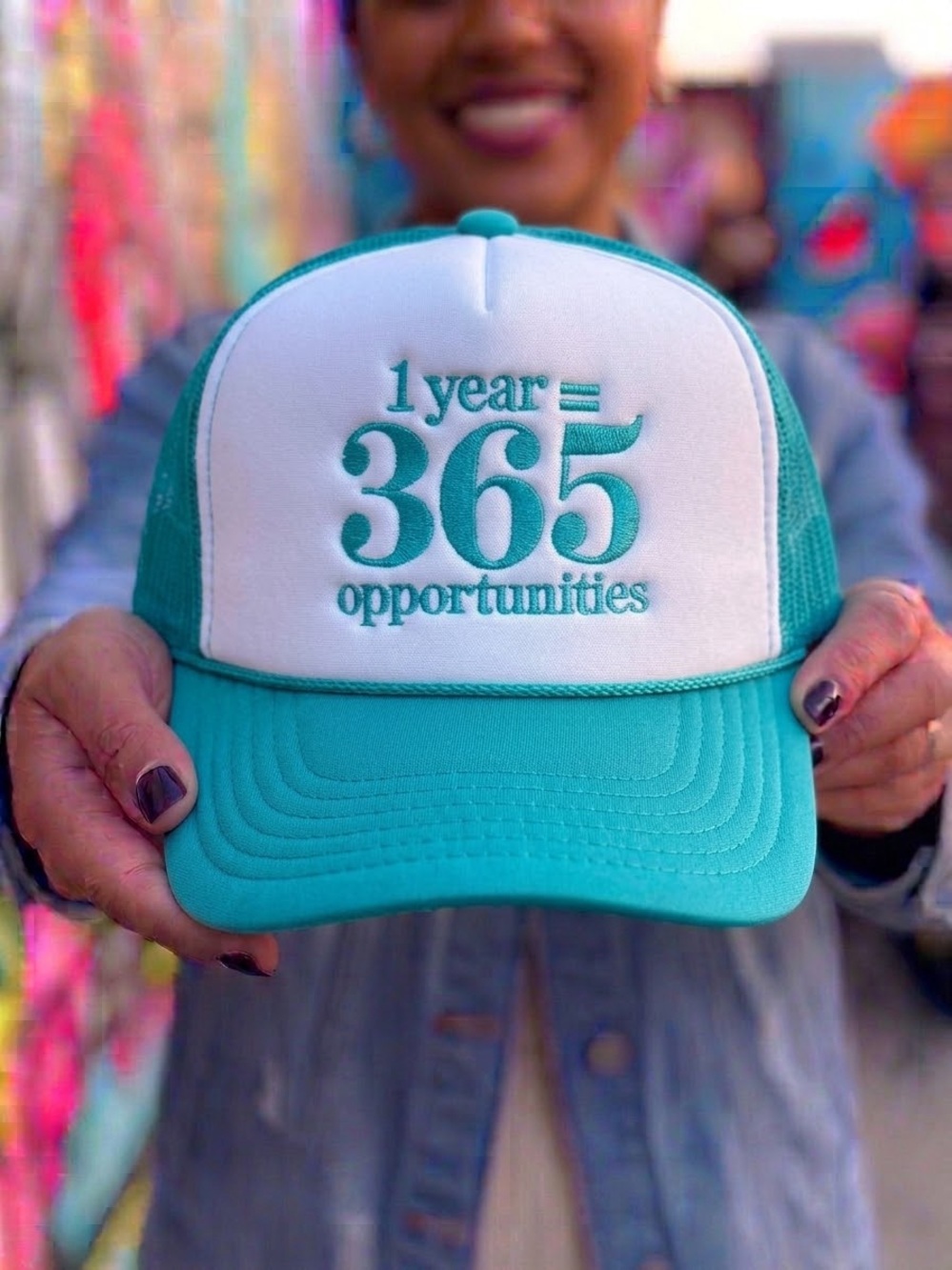 Simply Stitched. 365 Opportunities Teal and White Trucker Hat